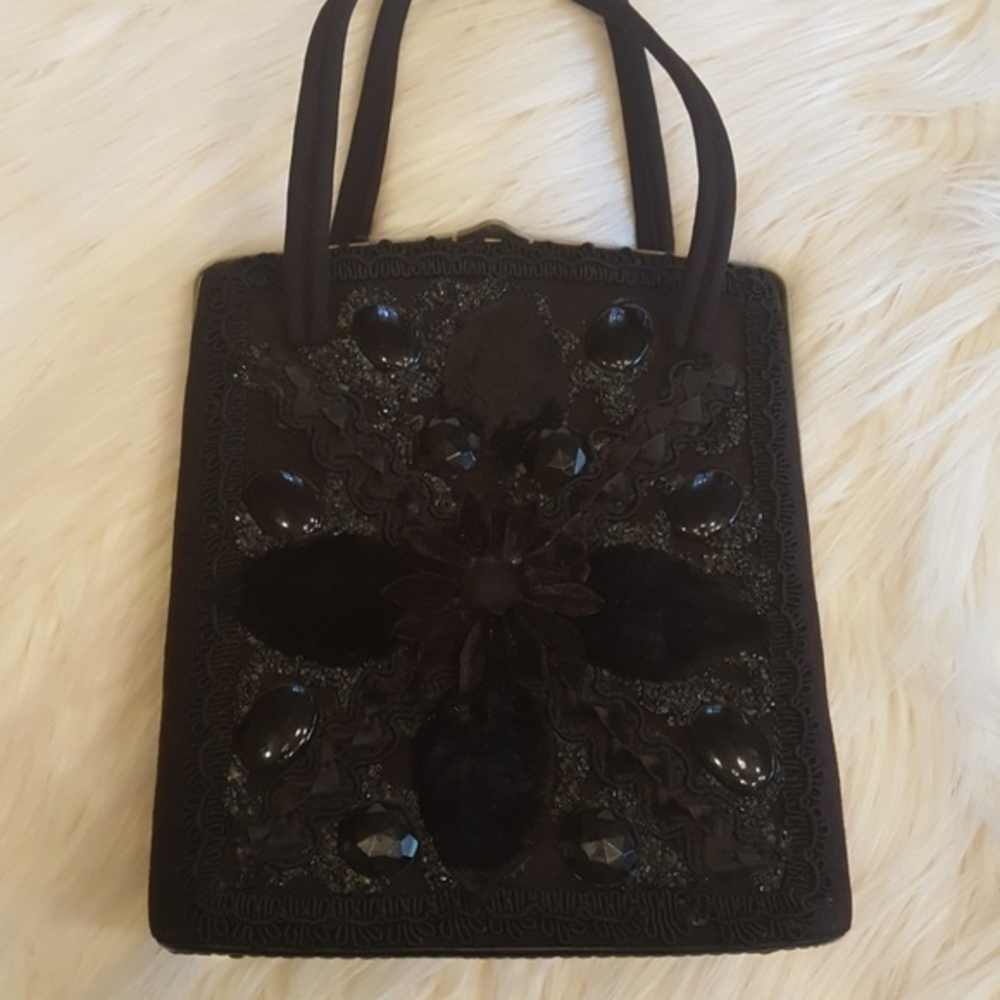 VINTAGE CARON OF HOUSTON LITTLE BLACK BOX PURSE WITH‎ BEADS